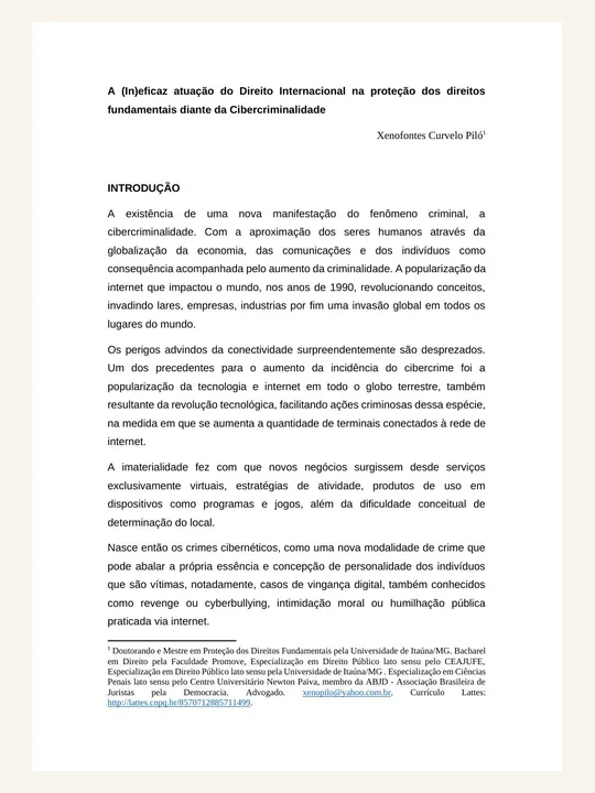 Capa ou primeira página da publicação A (In)eficaz Atuação do Direito Internacional na Proteção dos Direitos Fundamentais diante da Cibercriminalidade