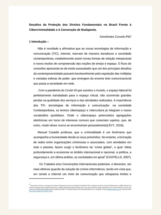 Capa ou primeira página da publicação Desafios da Proteção dos Direitos Fundamentais no Brasil frente à Cibercriminalidade e à Convenção de Budapeste