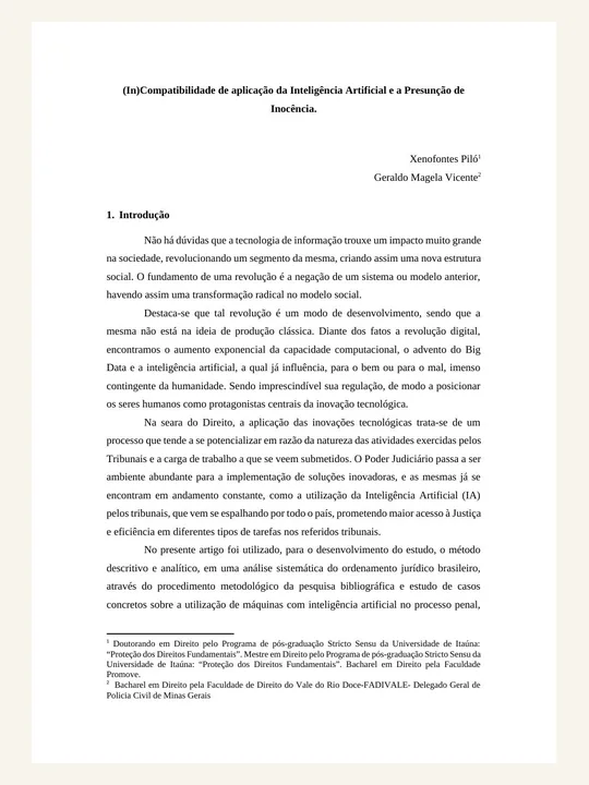Capa ou primeira página da publicação (In)compatibilidade de Aplicação da Inteligência Artificial e a Presunção de Inocência