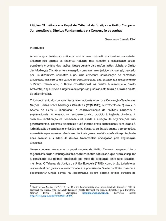 Capa ou primeira página da publicação Litígios Climáticos e o Papel do Tribunal de Justiça da União Europeia