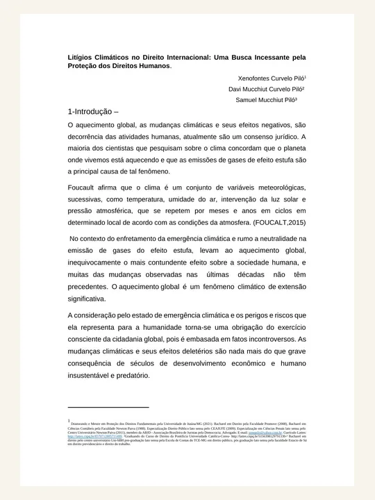 Capa ou primeira página da publicação Litígios Climáticos no Direito Internacional: uma Busca Incessante pela Proteção dos Direitos Humanos